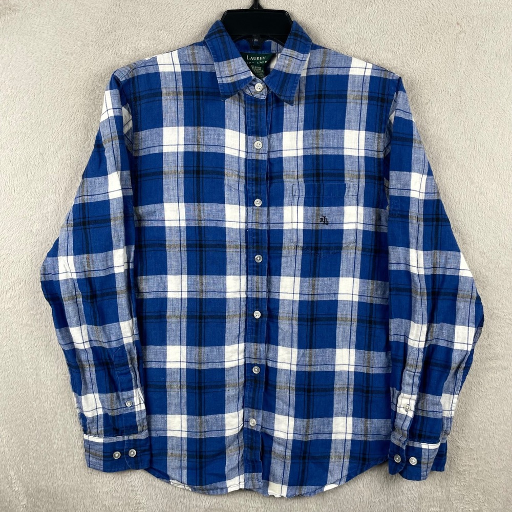Lauren Ralph Lauren Shirt Womens Small Blue Plaid 100% Linen Roll Tab Button Up